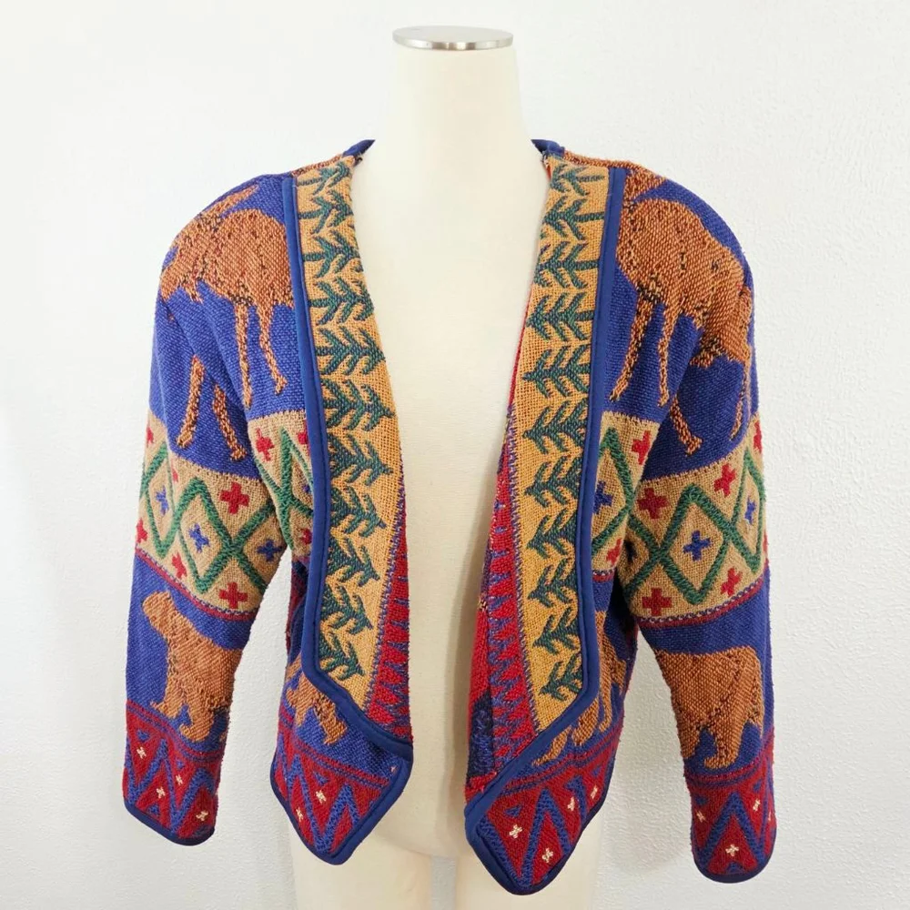 Vintage Kokopelli knit blazer sweater jacket bear moose forest camping small